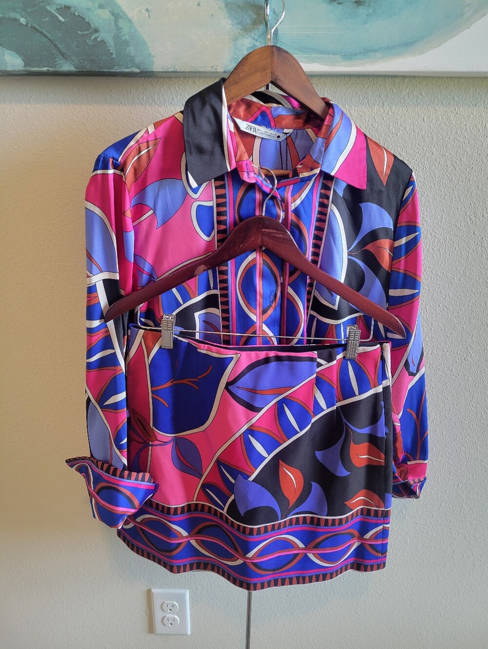 ZARA Pink, Blue & Black Printed Button-Down Top & Skirt Set